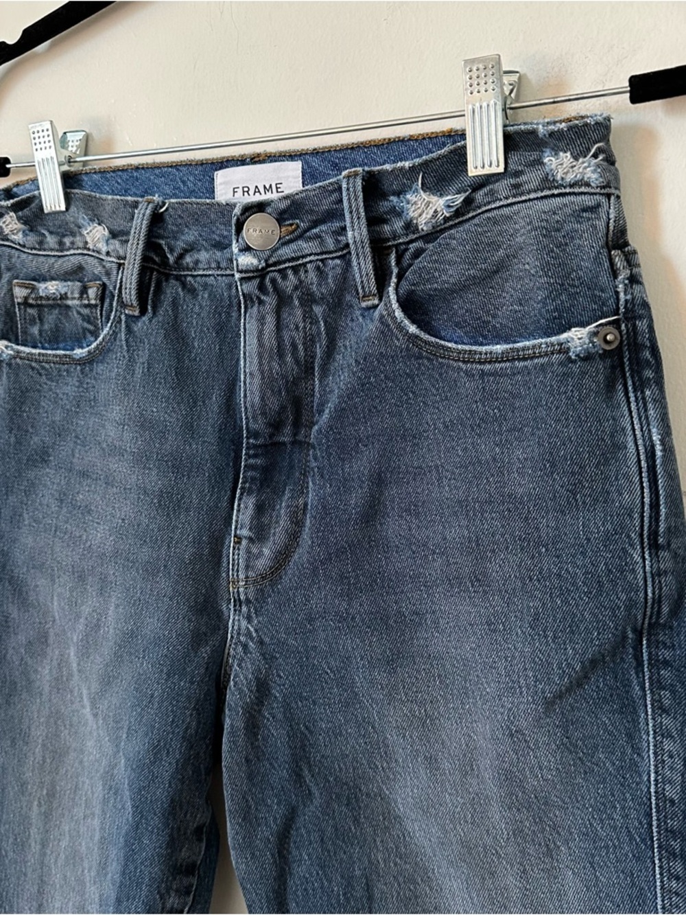 Frame Le Sylvie Crop Jeans Medium Wash Indigo Raw Frayed Hem Size 27 - Picture 2 of 7